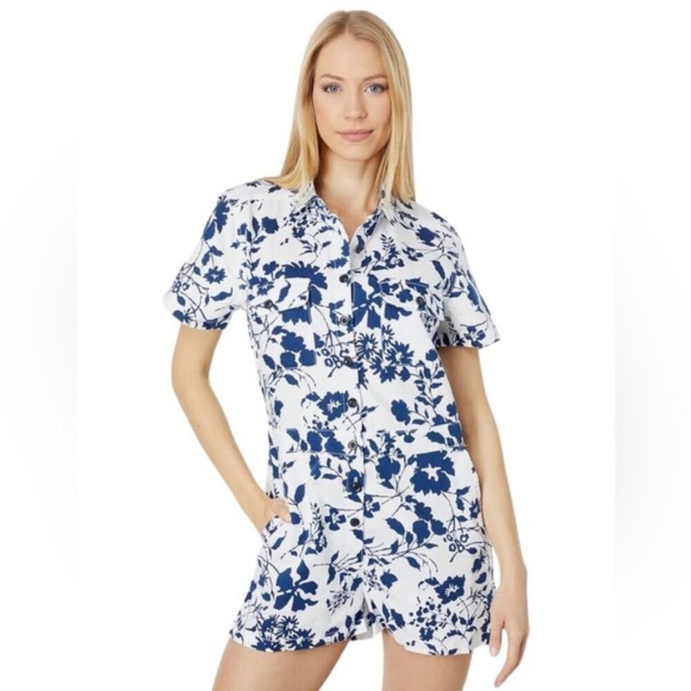 Outerknown Romper Womens S Blue Floral Organic Cotton Linen Button Up NWT